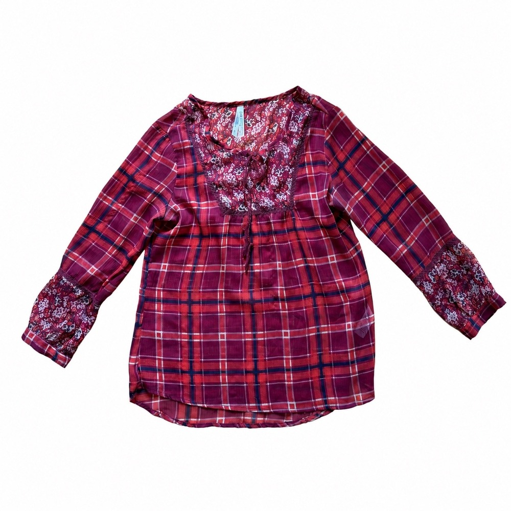 Girl Krazy Red Plaid Floral Lace Yoke Peasant Blouse Small Boho Long Sleeve Top